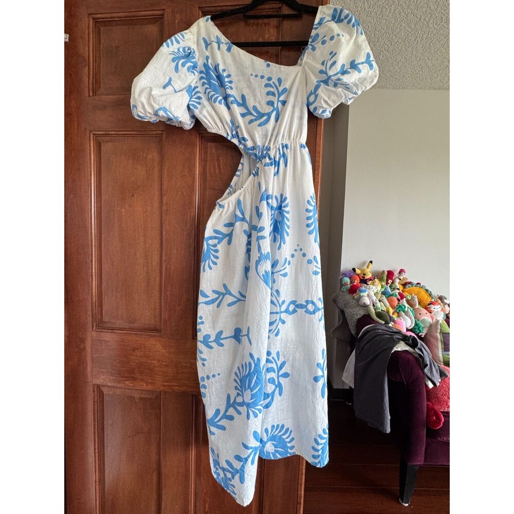 Reverse NWT Blue White Print Midi Dress Small Puff Sleeve Cutout Waist Linen